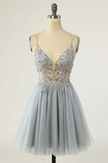 Magnifique A Line Spaghetti Straps Gris Robe de cocktail avec Perles